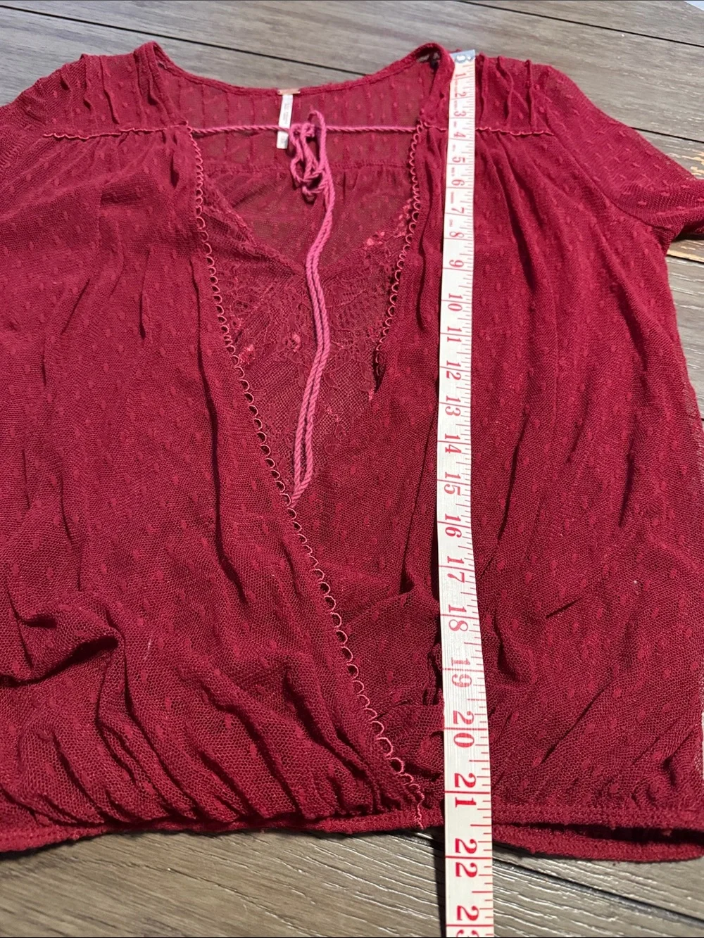FP Womens Sheer Burgundy Red Lace Blouse Bow tie layered V-Neck Long Bell Sleeve